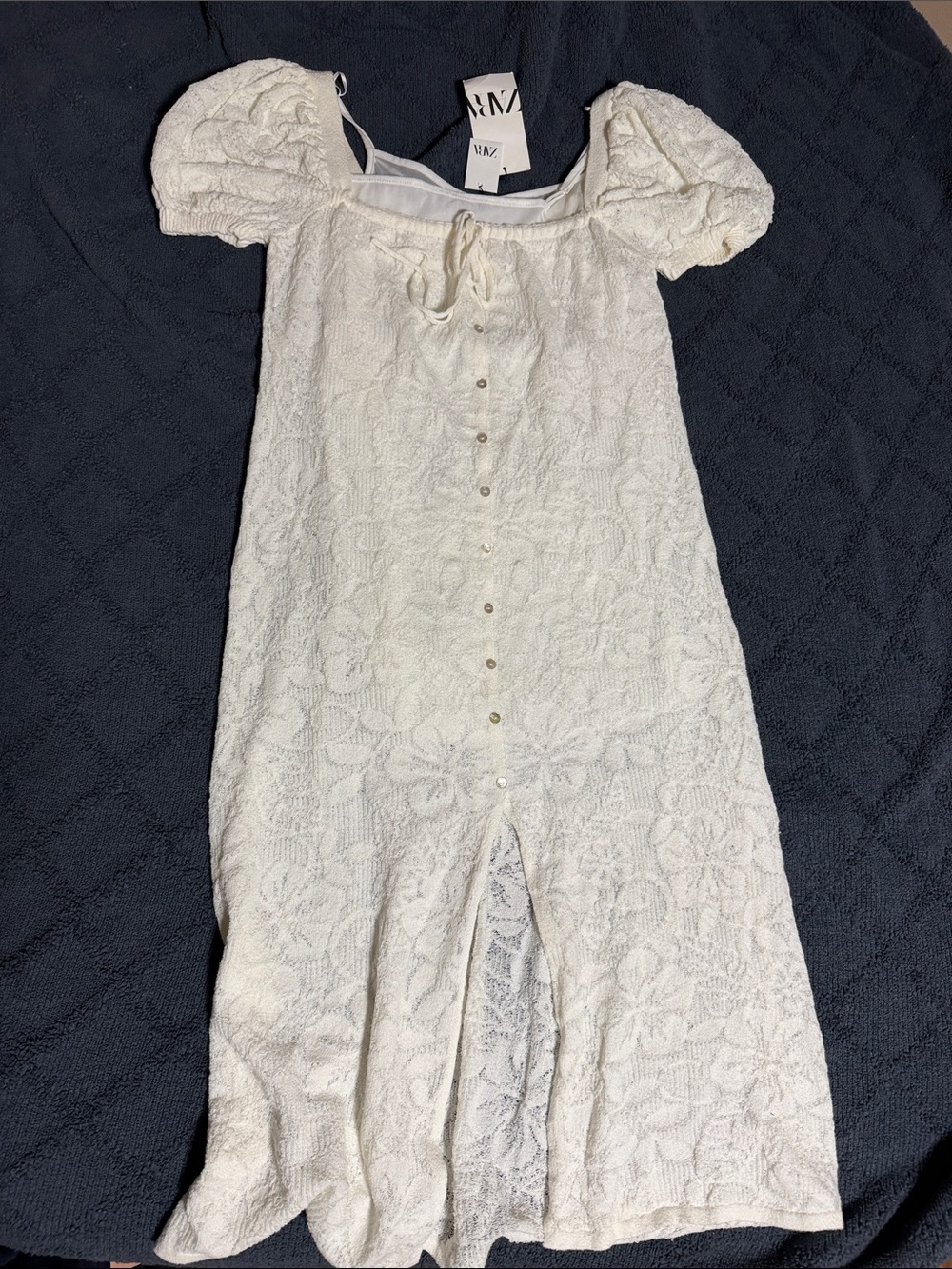 Zara White Lace Puff-Sleeve Button-Front Midi Dress Medium